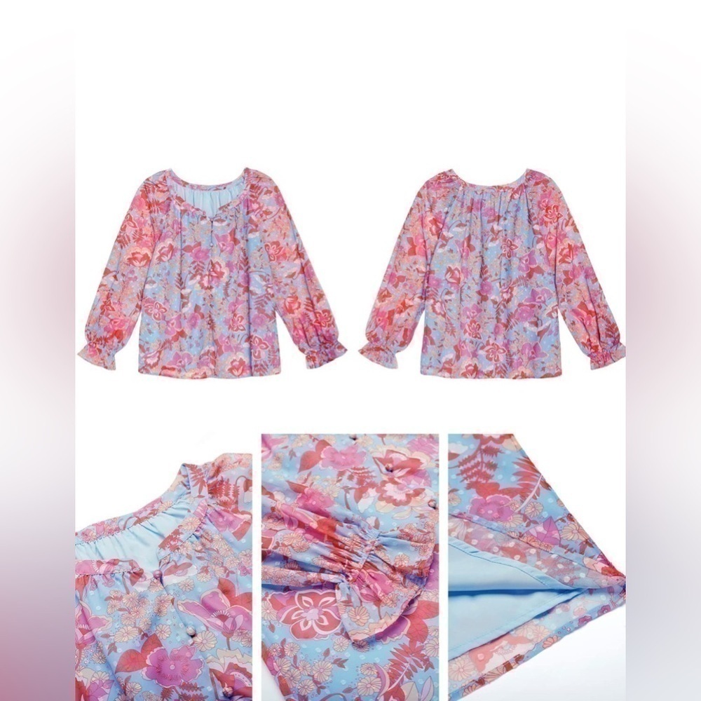 Dressy Casual Button Down Blouse Floral Peasant Tops Lantern Ruffle Long Sleeve - Picture 3 of 4